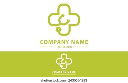 Green Color Line Art Stethoscope Cross Logo Design