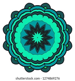 Green color Mandala geometric floral pattern. Art style for adult coloring book. Vector illustration. Hand drawn round ornament for coloring book page, doodle.