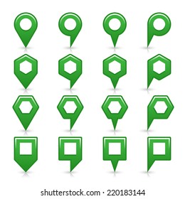 Green color map pin icon satin location sign with empty copy space, gray shadow and reflection isolated on white background. Web design element save in vector illustration 8 eps
