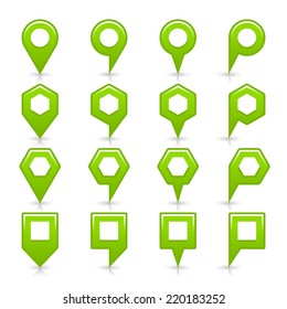 Green color map pin icon satin location sign with empty copy space, gray shadow and reflection isolated on white background. Web design element save in vector illustration 8 eps