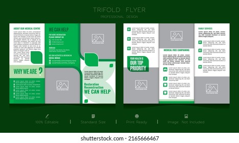 Green Color Medical Tri Fold Brochure Design, Corporate Clinical Business Template For Tri Fold Flyer. Creative Concept Folded Flyer Or Brochure