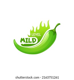 Green color mild level spicy chili pepper isolated label and fire flame, flat cartoon flavour taste meaning. Vector flavoring seasoning condiment, mild medium scale of hot in menu, salad ingredient