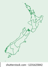 Green color New Zealand map with lines of different regions on light background vector illustration
