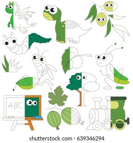 Green Color Objects, the big collection coloring book to educate preschool kids with easy gaming level, the kid educational game to color the colorless half by sample.