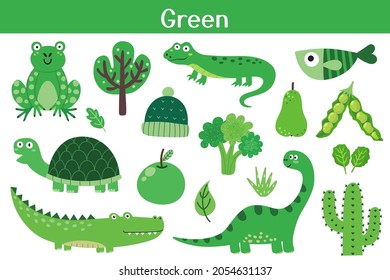 Green color objects set. Learning colors for kids. Cute elements collection. Educational background. Vector illustration