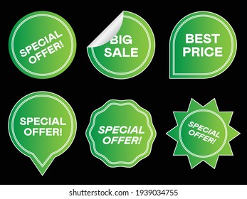 Green Color Offer Tag Set Collection Special Offer, Big Sale, Best Price Vector Illustration