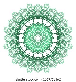 Green color Ornamental Circle Pattern. Hand Draw Mandala. Vintage Decorative Elements. Vector Illustration. Anti-Stress Therapy Pattern
