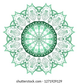 Green color Ornamental Circle Pattern. Hand Draw Mandala. Vintage Decorative Elements. Vector Illustration. Anti-Stress Therapy Pattern