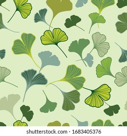 Green color palette Ginkgo leaves seamless patterns
