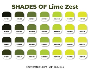 Green color palette with RGB HEX color codes, Hex codes, Fashion trend green color palette, Shades of green, Swatches set, green color references, Lime zest