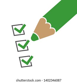 Green color pencil with green color checkmarks checked, isolated on white background.