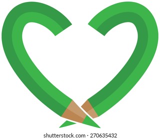 green color pencil in a heart shape