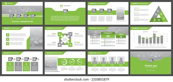 Green color PowerPoint presentation template. A set of slides for a business company.