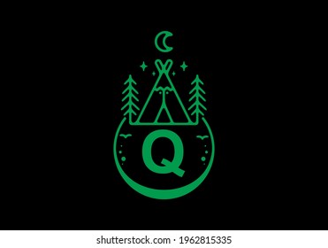 Green color of Q initial letter in camping circle badge design