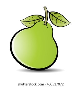 green color raw pear fruit with leaves-vector drawing