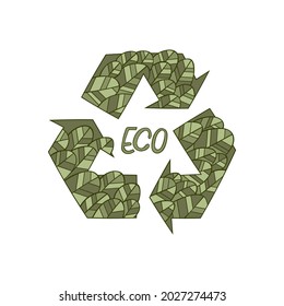Green color recycling sign made from leaves. Eco cartoon art. Lettering poster. Isolated vector object on white background. 