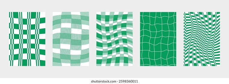 Green color retro checkered pattern. Abstract poster background vector set. Minimalist color cover template. Design for social media, flyer, banner, book or textile