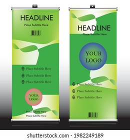 Green color Rollup banner design template, Roller Banners and Pull Up Banner art with attractive and evergreen plant design of roll-up template, CMYK color rollup banner template with dummy text.