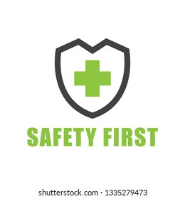 Green color Safety first text symbol on white