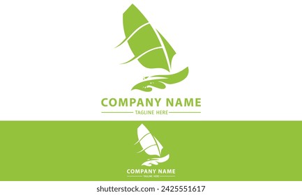 Green Color Sailing Ship and Cruise with Wave Logo Design