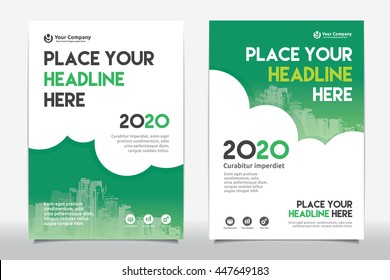 Green Color Scheme with City Background Business Book Cover Design Template in A4. Can be adapt to Brochure, Annual Report, Magazine, Poster, Corporate Presentation, Portfolio, Flyer, Banner, Website.