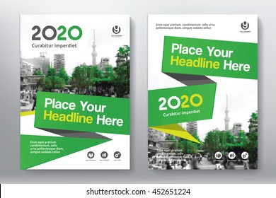 Green Color Scheme with City Background Business Book Cover Design Template in A4. Can be adapt to Brochure, Annual Report, Magazine,Poster, Corporate Presentation, Portfolio, Flyer, Banner, Website.