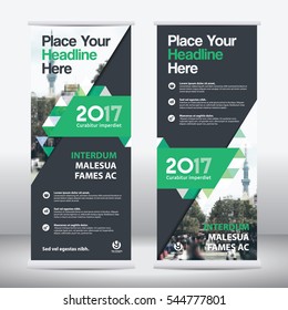 Green Color Scheme with City Background Business Roll Up Design Template.Flag Banner Design. Can be adapt to Brochure, Annual Report, Magazine,Poster, Corporate Presentation, Portfolio, Flyer, Website