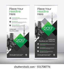 Green Color Scheme with City Background Business Roll Up Design Template.Flag Banner Design. Can be adapt to Brochure, Annual Report, Magazine,Poster, Corporate Presentation, Portfolio, Flyer, Website