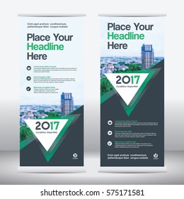 Green Color Scheme with City Background Business Roll Up Design Template.Flag Banner Design. Can be adapt to Brochure, Annual Report, Magazine,Poster, Corporate Presentation, Portfolio, Flyer, Website