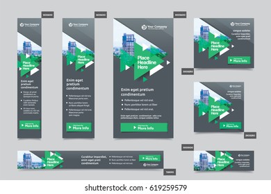 Green Color Scheme with City Background Corporate Web Banner Template in multiple sizes. Easy to adapt to Brochure, Annual Report, Magazine, Poster, Corporate Advertising media, Flyer, Website.
