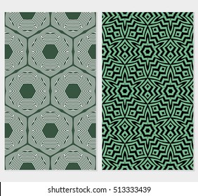 Green color seamles background set. Abstract geometric ornament. Vector illustration. For design, wallpaper, interior