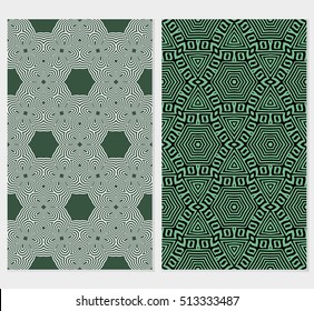 Green color seamles background set. Abstract geometric ornament. Vector illustration. For design, wallpaper, interior