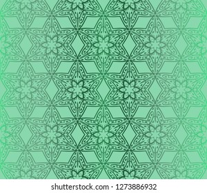Green Color Seamless Lace Pattern With Abstract Geometric Flower. Stylish Fashion Design Background For Invitation Card. Vector Illustration.