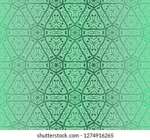 Green Color Seamless Lace Pattern With Abstract Geometric Flower. Stylish Fashion Design Background For Invitation Card. Vector Illustration.