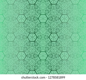 Green Color Seamless Lace Pattern With Abstract Geometric Flower. Stylish Fashion Design Background For Invitation Card. Vector Illustration.