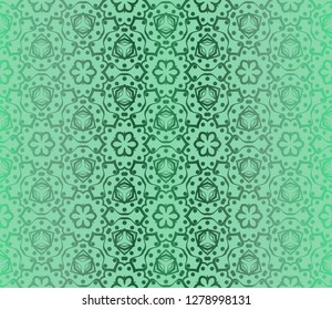 Green Color Seamless Lace Pattern With Abstract Geometric Flower. Stylish Fashion Design Background For Invitation Card. Vector Illustration.