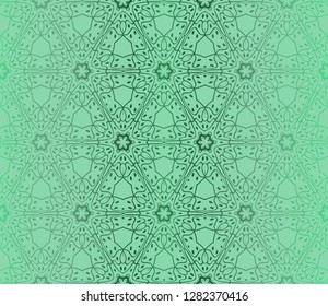 Green Color Seamless Lace Pattern With Abstract Geometric Flower. Stylish Fashion Design Background For Invitation Card. Vector Illustration.