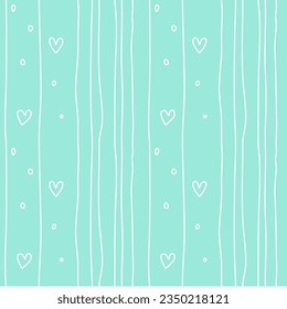 ฺBluish green color Seamless pattern with hand drawn outline dot and heart and stripes.