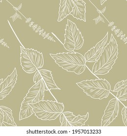 Green color seamless pattern with peppermint plant, mint branches on the seamless background