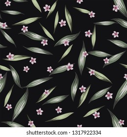Green color seamless vector pattern pink flowers plumeria (frangipani) and green tropical realistic leaves on the black background. Trendy design fabric