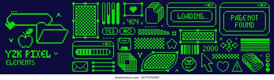 Conjunto de cores verde com elementos de cor de pixel Y2K de 8 bits. Caixas de diálogo, emojis, setas, botões, elementos gráficos.