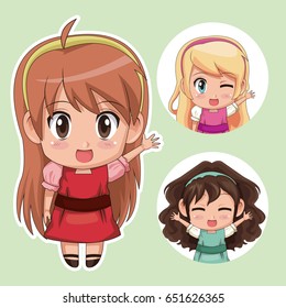 green color set cute anime tennagers girl in dress with several facial expressions