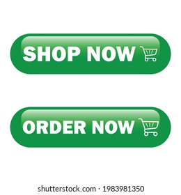 Green color Shop now and order now button for business websites vector illustration on a white background, multicolored stylish shop now and order now button for website purpose.