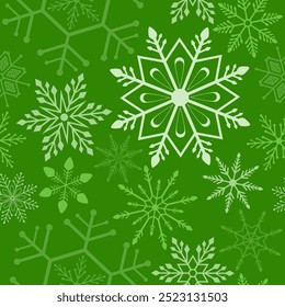 Cor verde do padrão de floco de neve, Natal padrão sem emenda. Desenho de fundo de Natal flocos de neve para decoração no tempero X'mas, web, envoltório, papel de parede, têxtil, moda.