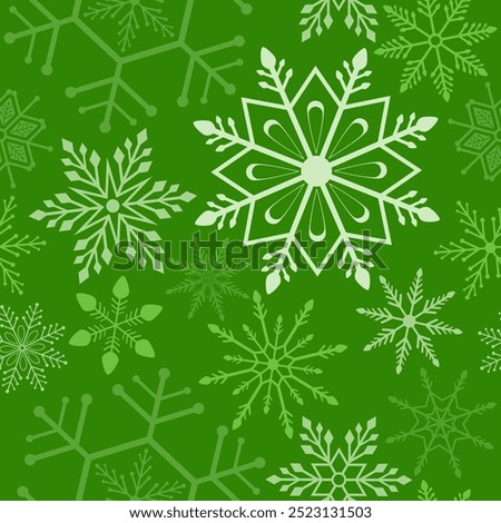 Green color of snowflake pattern, Christmas ormanent seamless pattern. Snowflakes Christmas background design for decoration on X'mas seasoning, web, wrapping, wallpaper, textile, fashion.