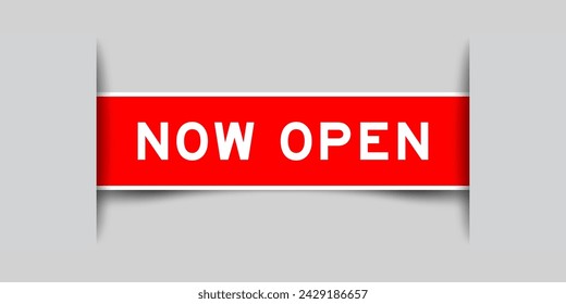 Green color square label sticker with word now open that inserted in gray background