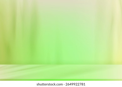 Color verde para el fondo del verano, sitio interior de la pared con el amarillo claro suave, uso verde para el Anuncio del verano, fondo minimalista con la sombra abstracta del gradiente, luz en el piso verde para el diseño del producto