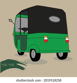 Green color three wheeler vector illustration. Vector art work of a tuk-tuk used for transportation mostly in India, Sri Lanka and Thailand