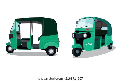 Green color three wheeler vector illustration, Indian auto rickshaw.