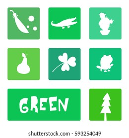 Green color, tint set. Flat element, icon peas, crocodile, cactus, pear, clover, frog, spruce, leaf, branch. Vector illustration, silhouette, isolated.